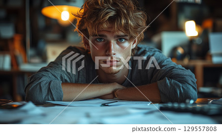 Young man with messy blonde hair gazes intensely at desk in dimly lit room 129557808