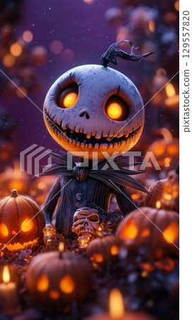 Spooky halloween pumpkin character in enchanted forest setting for festive decor Spooky halloween pumpkin character in enchanted forest setting for festive decor 129557820
