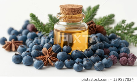 Aromatic winter scenery with juniper berries and essential oil for seasonal festivities Aromatic winter scenery with juniper berries and essential oil for seasonal festivities 129557824