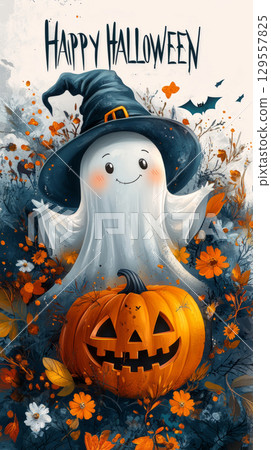 Charming halloween ghost with pumpkin and witch hat in a festive autumn scene Charming halloween ghost with pumpkin and witch hat in a festive autumn scene 129557825