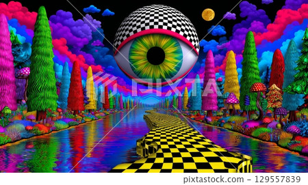 Surreal visionary landscape with floating eye and vibrant checkered path 129557839