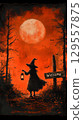 Mysterious halloween night with witch and lantern under full moon 129557875