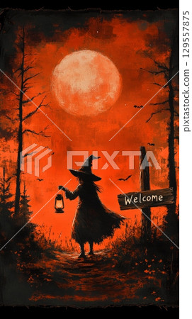 Mysterious halloween night with witch and lantern under full moon 129557875