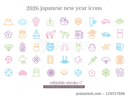 Japanese New Year Icon Set 2026 Year of the Horse (Editable Stroke) 129557886