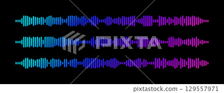 Podcast sound wave visualization with neon gradient waveform for digital audio streaming and broadcasting. Blue to purple frequency bars on black bg display rhythm dynamics for modern media interface 129557971