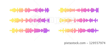 Podcast sound wave patterns with colorful gradient waveform for audio broadcasting and streaming. Vibrant frequency bars from yellow through pink to purple display rhythm dynamics for media players. Podcast sound wave patterns with colorful gradient waveform for audio broadcasting and streaming. Vibrant frequency bars from yellow through pink to purple display rhythm dynamics for media players. 129557974
