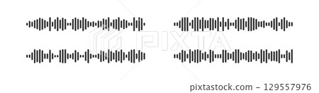 Podcast sound wave patterns with black audio waveform for digital broadcasting and streaming. Modern frequency bars display rhythm and voice recording dynamics for media players. 129557976