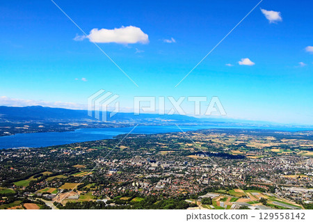 View of Geneva city and its surroundings with Geneva Lake from the Mount Saleve. 129558142
