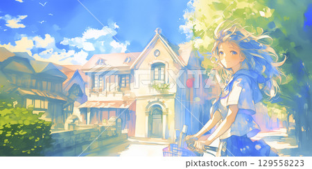 騎自行車上學的女孩 129558223