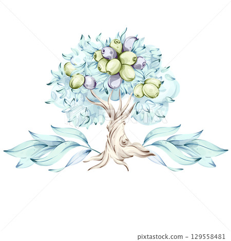 Olive tree with olives and olive oil illustrated in watercolor style showcasing beauty of nature and Italian cuisine frame, border, arrangement 129558481