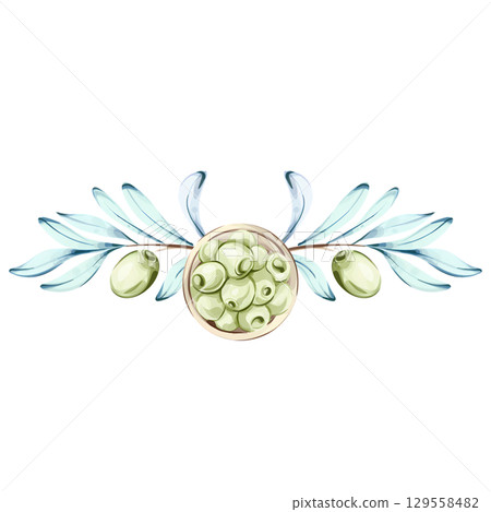 Watercolor illustration of olives and olive oil celebrating Italian cuisine and nature's beauty frame, border, arrangement 129558482