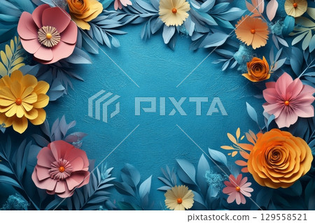 Colorful Paper Flowers Arranged Beautifully on a Blue Background for Creative Decoration Colorful Paper Flowers Arranged Beautifully on a Blue Background for Creative Decoration 129558521