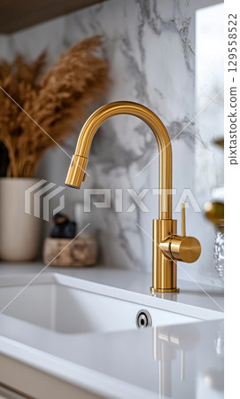 Modern Kitchen Faucet in a Stylish Interior With Decorative Elements Modern Kitchen Faucet in a Stylish Interior With Decorative Elements 129558522