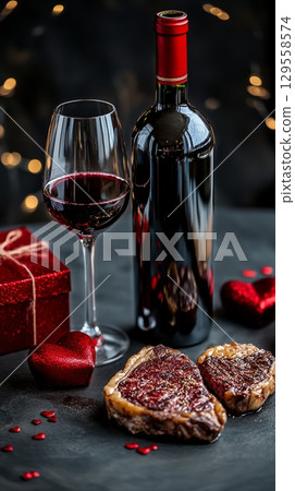 Romantic Dinner Setting With Steak, Red Wine, and Decorative Gifts for a Special Occasion 129558574