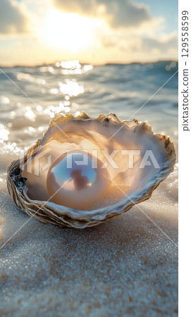 Stunning Oyster Shell With Pearls Resting on Sandy Beach at Sunrise. 129558599