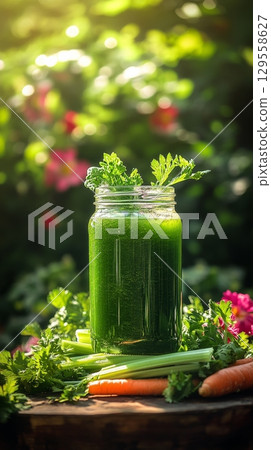 Fresh Green Smoothie in a Glass Jar Surrounded by Vegetables in a Garden During Golden Hour Light 129558627