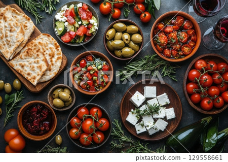 Fresh Mediterranean Salad Spread With Vegetables and Olives Served on a Rustic Table. 129558661
