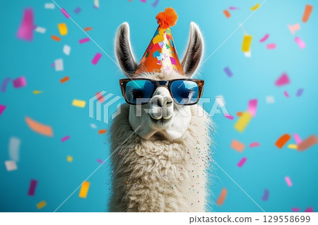 Llama Celebrating With Sunglasses and Party Hat Amid Colorful Confetti. 129558699