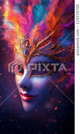 Colorful Masquerade Mask With Feathers and Gems Glitters in Vibrant Light 129558700