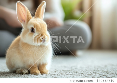 Cute Bunny Resting on Soft Carpet in Cozy Living Room During Daytime. 129558719