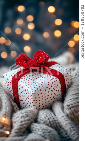 Gift Wrapped in Polka Dot Paper on Cozy Knit Blanket With Festive Bokeh Lights 129558782