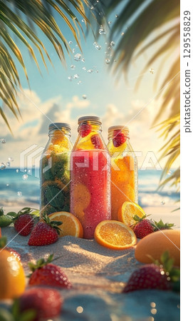 Refreshing Fruit Beverages in Colorful Bottles on Sunny Beach With Palm Trees in Background 129558829