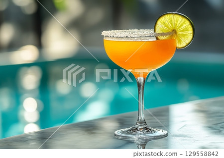 Refreshing Tropical Cocktail Served by a Poolside During a Sunny Afternoon 129558842