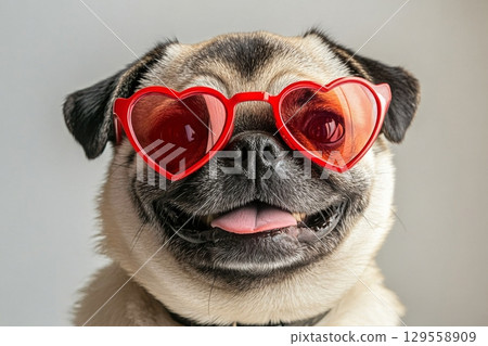 Cute Pug Wearing Heart-Shaped Sunglasses Smiles Playfully Indoors During a Joyful Moment 129558909