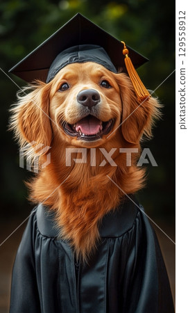 Golden Retriever in Graduation Cap and Gown Celebrates Graduation Day Milestone. 129558912