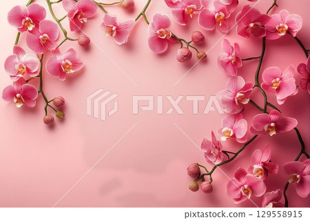 Pink Orchid Flowers Arranged Beautifully on a Pastel Background for Decorative Purposes. 129558915