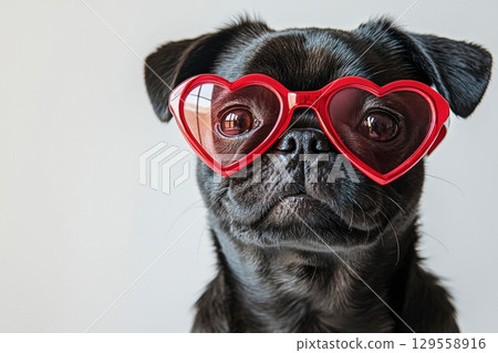 Pug Wearing Heart-Shaped Sunglasses Poses for a Fun and Playful Portrait 129558916