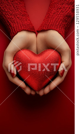 Heart Shaped Gift Box Held by Hands on Vibrant Red Background for Special Occasions. 129558931
