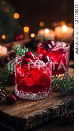 Festive Holiday Drinks With Cranberries and Ice on Wooden Table Adorned With Candles 129558958