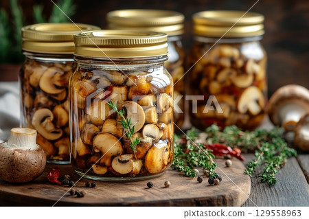 Preserved Mushrooms in Jars With Herbs and Spices on Wooden Board in Cozy Kitchen Setting Preserved Mushrooms in Jars With Herbs and Spices on Wooden Board in Cozy Kitchen Setting 129558963