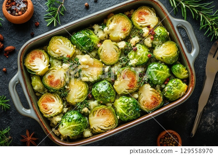 Crispy Roasted Brussels Sprouts With Herbs in a Baking Dish on a Dark Kitchen Countertop Crispy Roasted Brussels Sprouts With Herbs in a Baking Dish on a Dark Kitchen Countertop 129558970