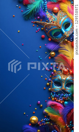 Vibrant Carnival Masks With Colorful Feathers and Beads Create Festive Decor Vibrant Carnival Masks With Colorful Feathers and Beads Create Festive Decor 129558971