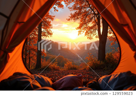 Camping at sunset in the mountains. Camping at sunset in the mountains. 129559023