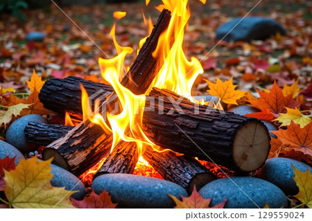 burning logs surrounded by autumn leaves and stones. burning logs surrounded by autumn leaves and stones. 129559024