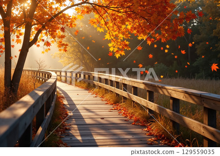Wooden boardwalk surrounded by autumn trees and foliage. Wooden boardwalk surrounded by autumn trees and foliage. 129559035