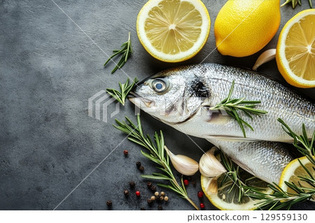 Fresh Fish Prepared With Lemon and Herbs on a Rustic Countertop 129559130