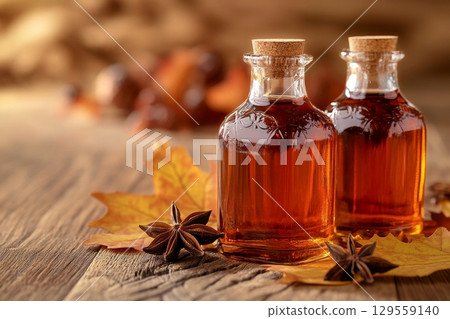 Warm Autumn Spices in Glass Bottles Arranged on a Wooden Table With Colorful Leaves 129559140