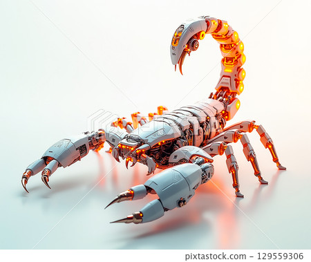 Robot scorpion with intricate design showcasing glowing features in a futuristic setting 129559306