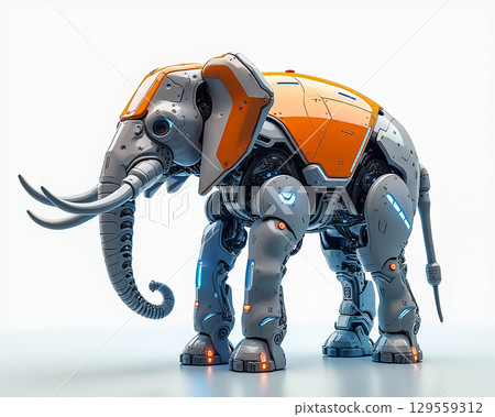 Robotic elephant creation showcasing advanced technology and innovative design in a futuristic setting Robotic elephant creation showcasing advanced technology and innovative design in a futuristic setting 129559312