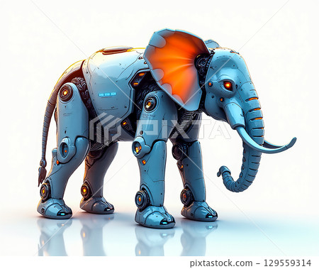 Futuristic robotic elephant with glowing features showcasing advanced technology in a modern setting Futuristic robotic elephant with glowing features showcasing advanced technology in a modern setting 129559314