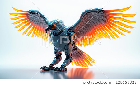 Mechanical eagle with vibrant wings stands poised for flight in a futuristic design landscape 129559325