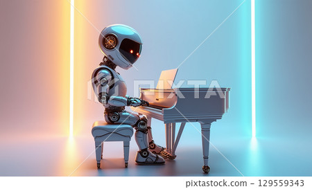 Robot plays piano in a futuristic setting with colorful lighting and vibrant atmosphere 129559343