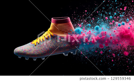 Colorful soccer cleat surrounded by vibrant splashes of color illustrating dynamic movement and creativity in sports design 129559346