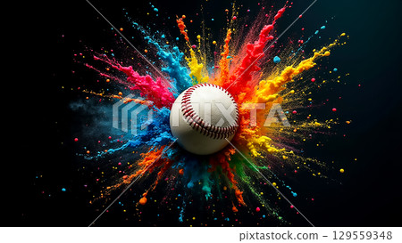 Colorful explosion of powder around a baseball creates a vibrant artistic display Colorful explosion of powder around a baseball creates a vibrant artistic display 129559348