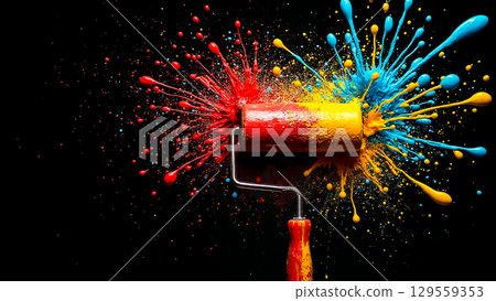 Vivid paint roller splashing red and blue paint in dynamic bursts on a black surface 129559353