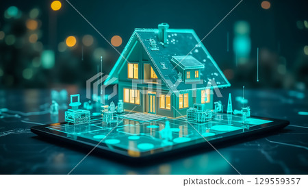 Virtual house model on digital tablet showcasing modern technology in a futuristic city environment at night 129559357